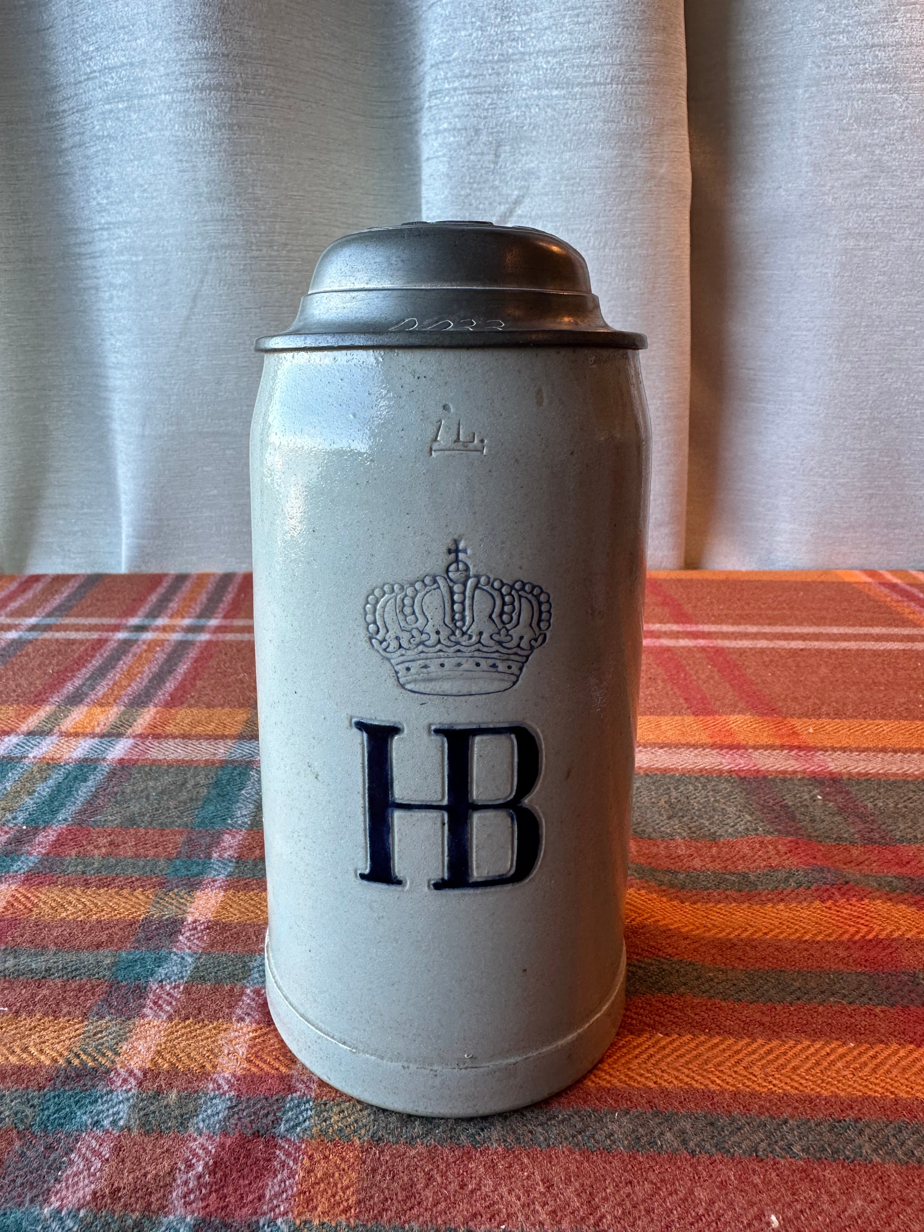 Antique 1916 Kgl. Hof-Bräuhaus München 1L German Beer Stein with Pewter Lid HB No. 9033