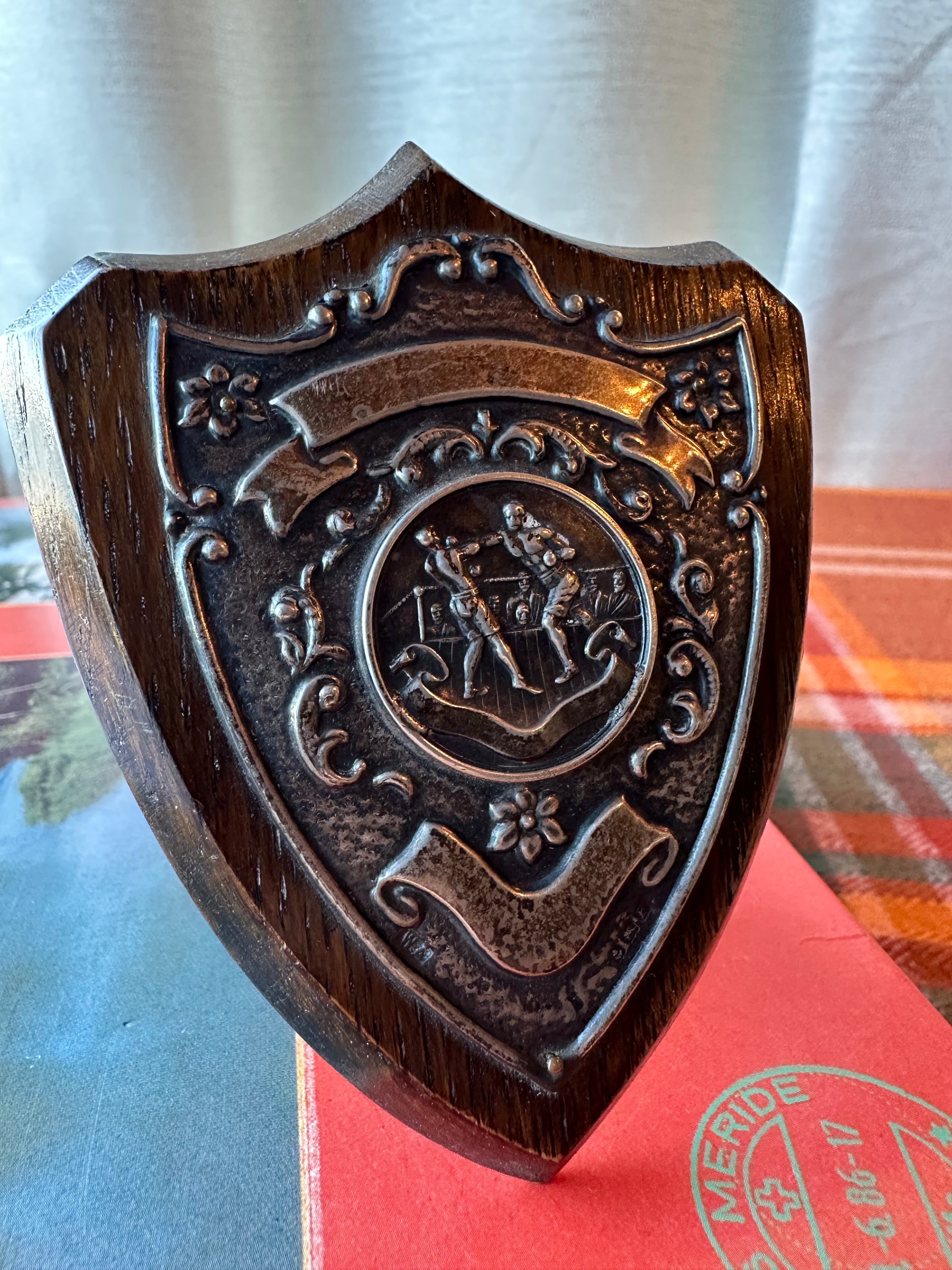 Vintage Boxing Prize Shield Plaque | Cast Pewter on Oak Stand | English Sporting Decor