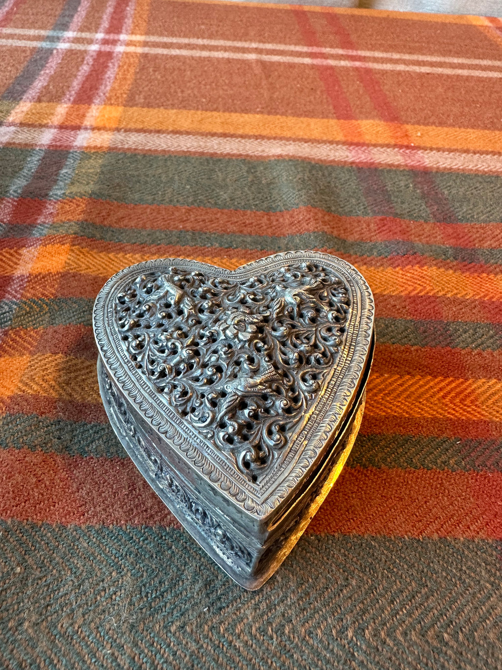 Vintage Heart Shaped Pierced Brass Trinket Box | Indian Floral Jewelry Box