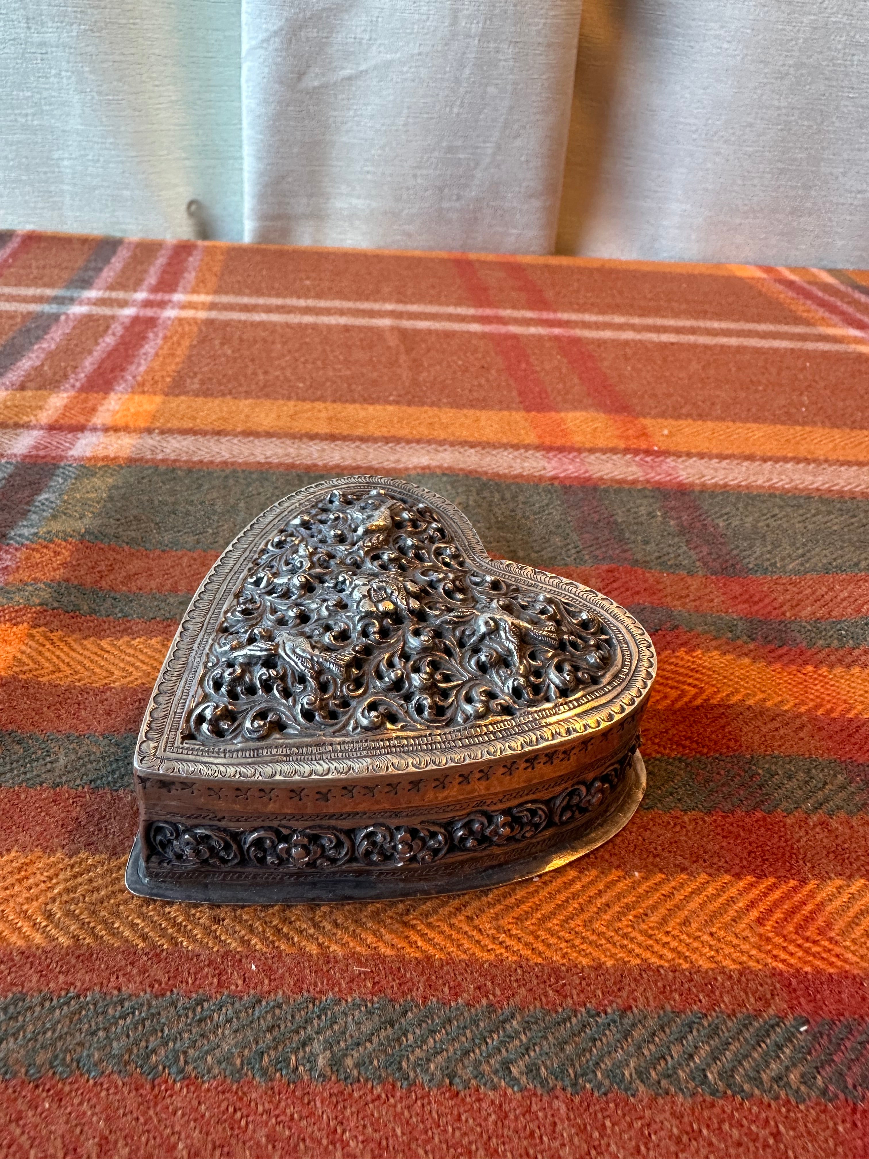 Vintage Heart Shaped Pierced Brass Trinket Box | Indian Floral Jewelry Box