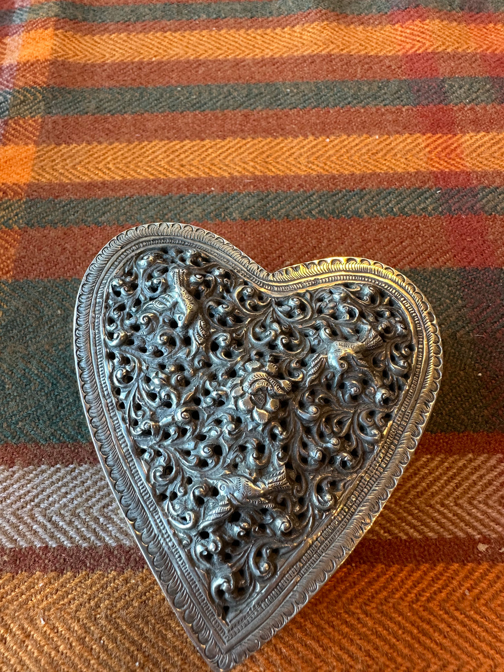 Vintage Heart Shaped Pierced Brass Trinket Box | Indian Floral Jewelry Box