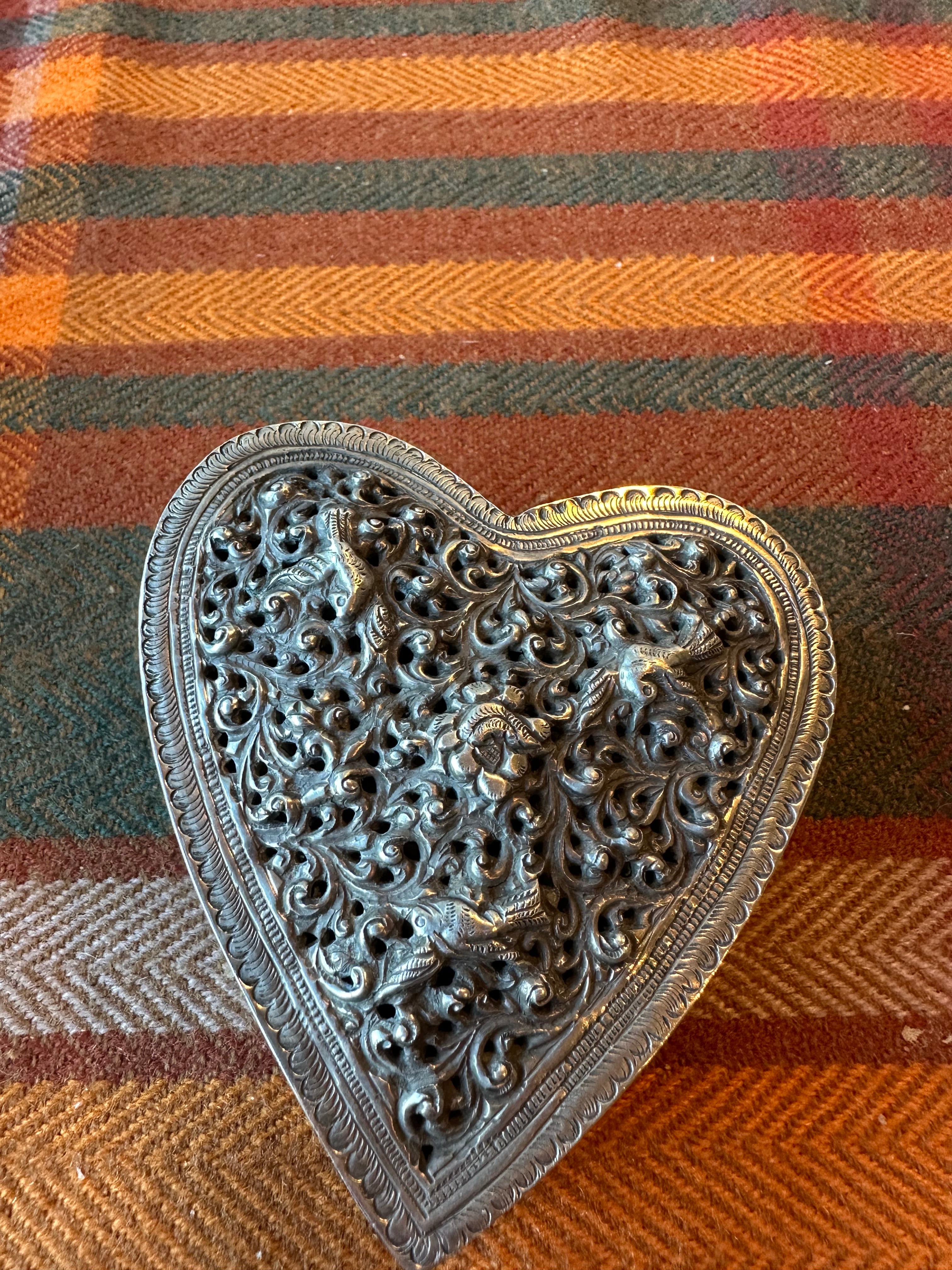 Vintage Heart Shaped Pierced Brass Trinket Box | Indian Floral Jewelry Box