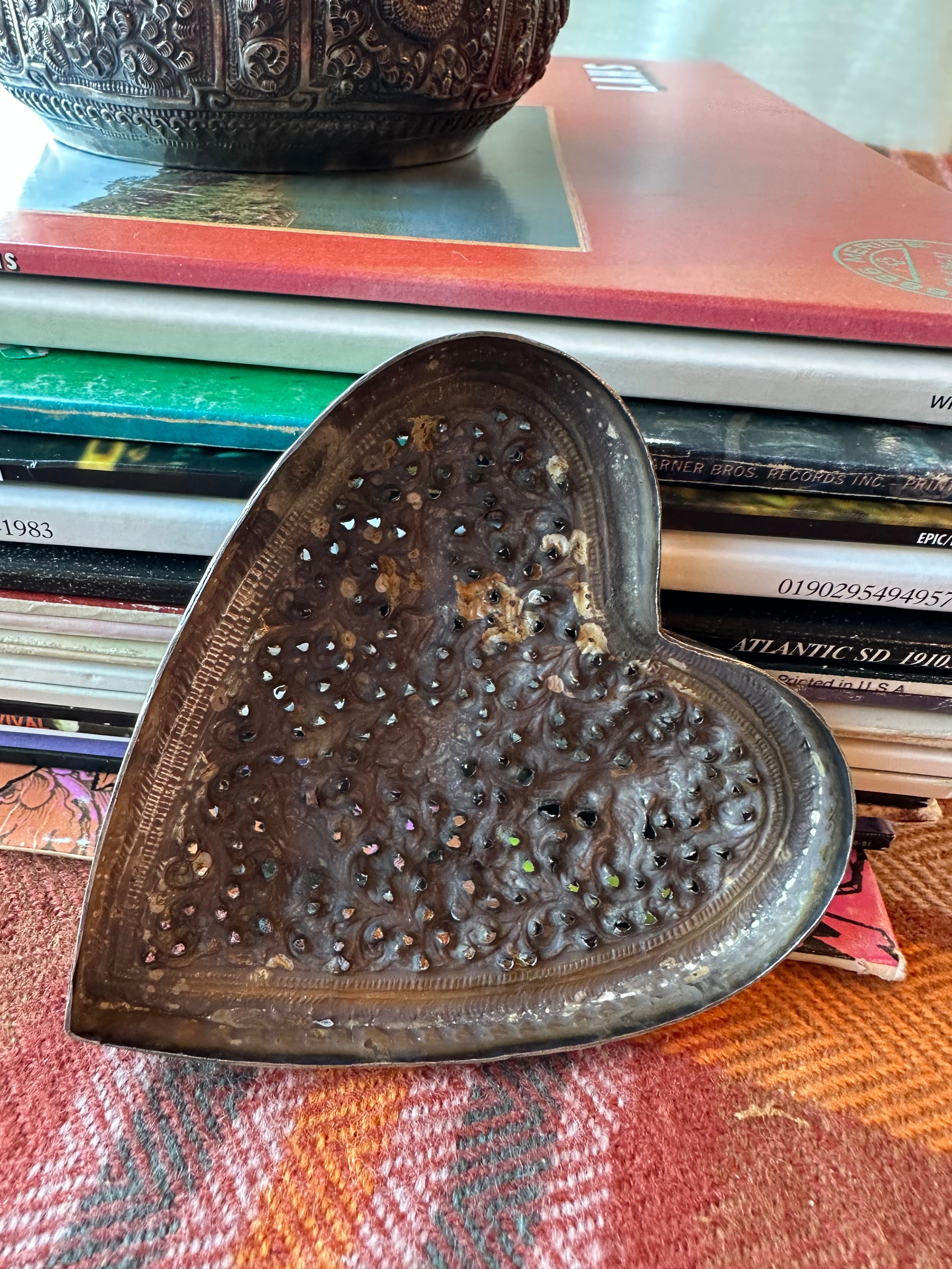 Vintage Heart Shaped Pierced Brass Trinket Box | Indian Floral Jewelry Box
