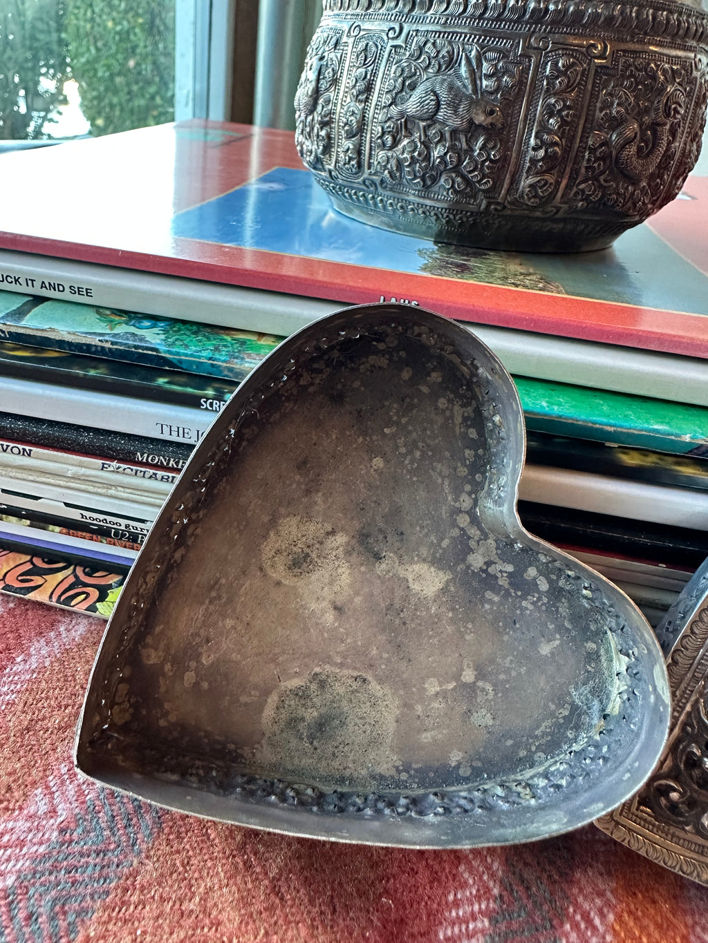 Vintage Heart Shaped Pierced Brass Trinket Box | Indian Floral Jewelry Box