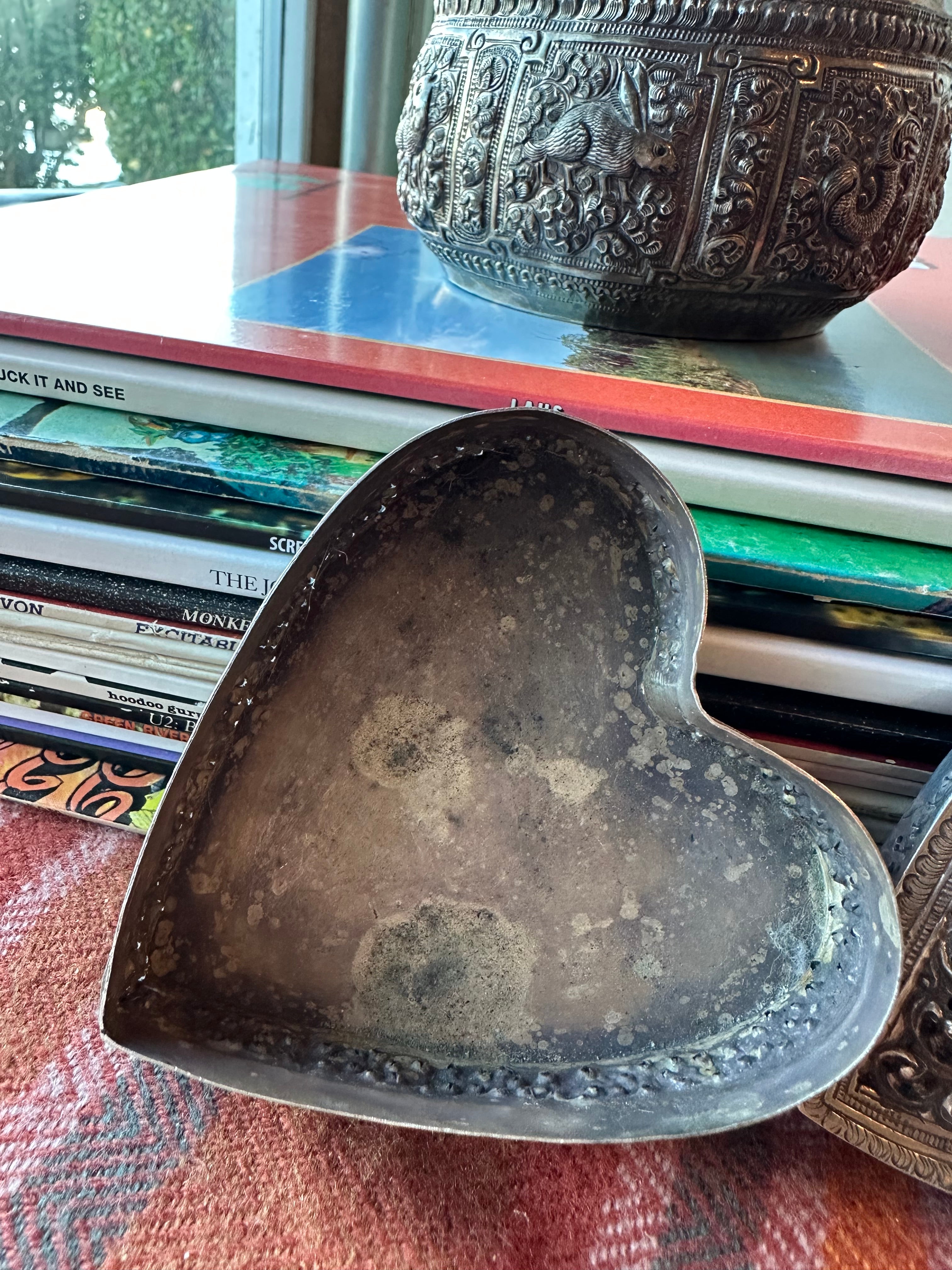 Vintage Heart Shaped Pierced Brass Trinket Box | Indian Floral Jewelry Box