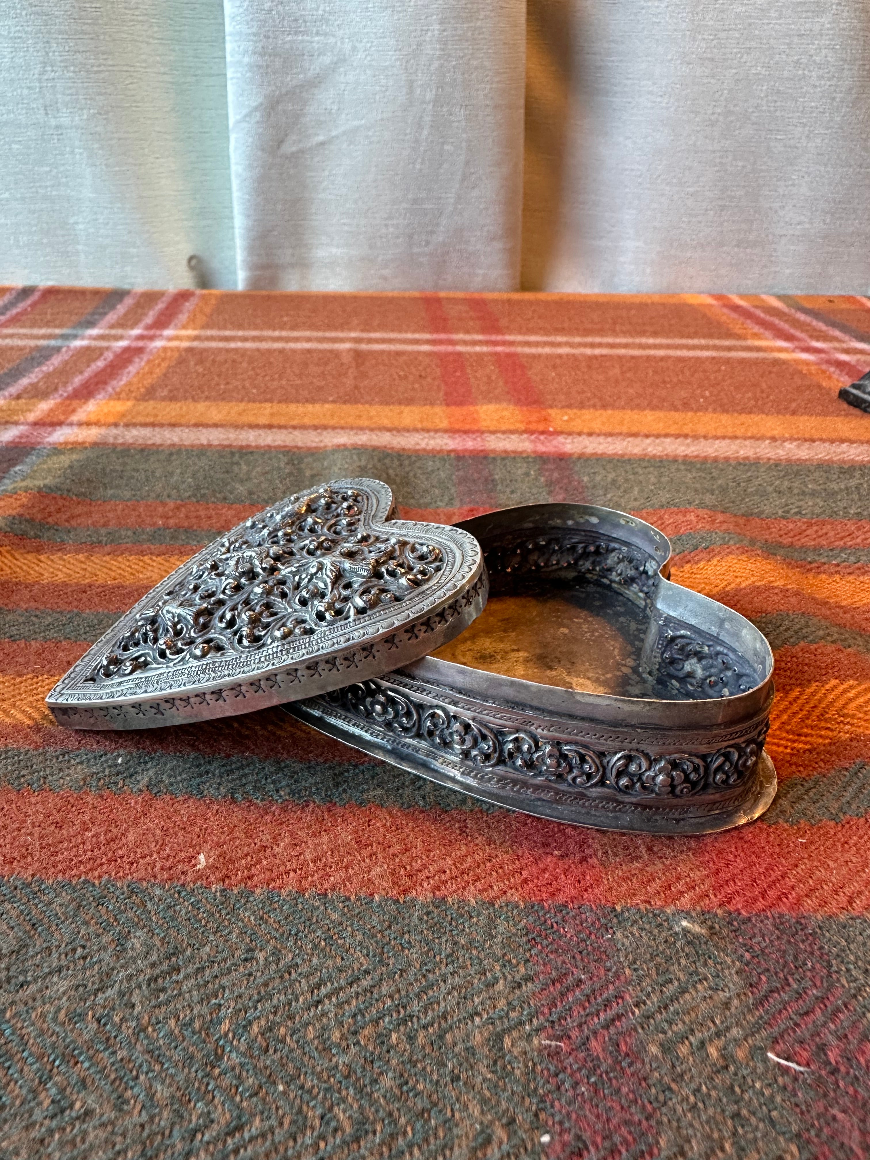 Vintage Heart Shaped Pierced Brass Trinket Box | Indian Floral Jewelry Box