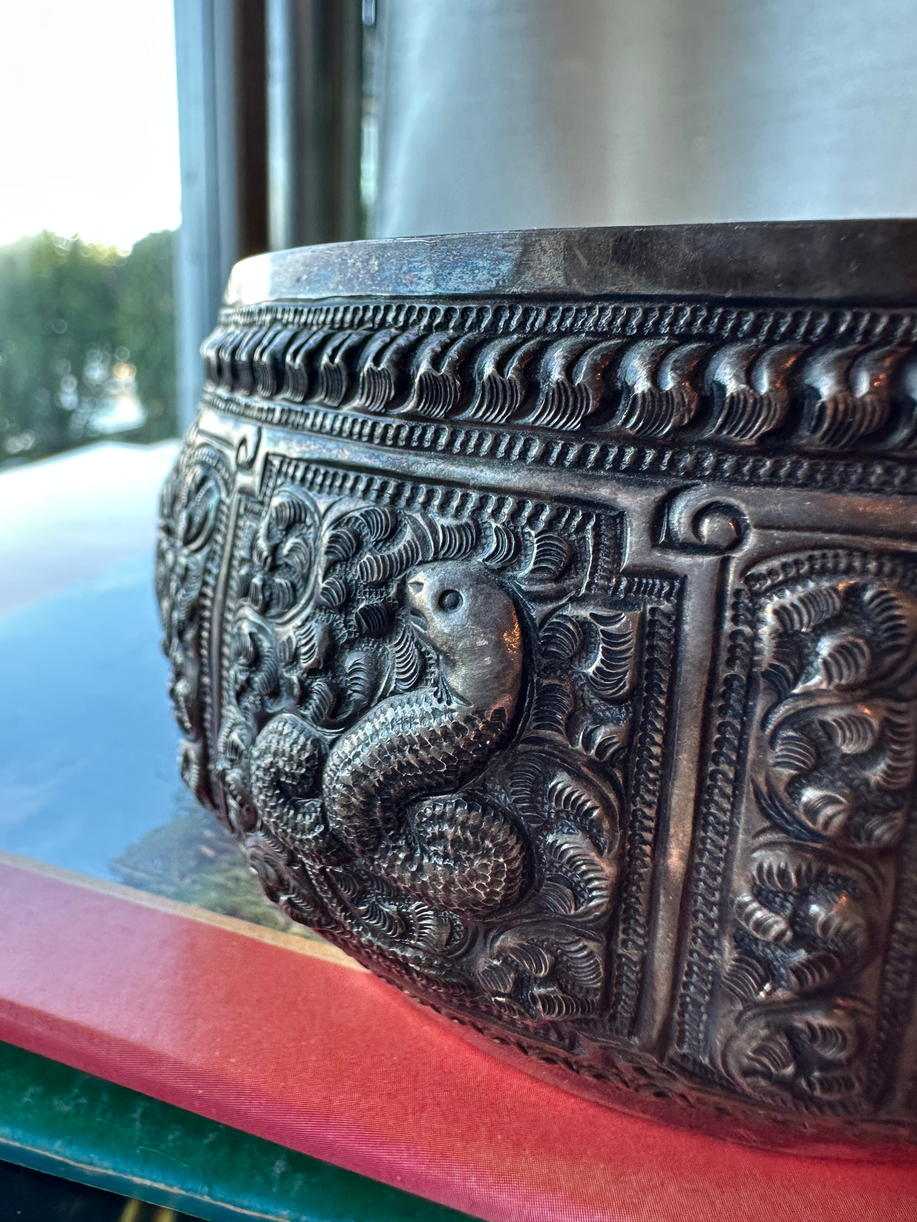 Vintage Repoussé Animal Motif Metal Bowl | Hand Chased Indian Decorative Centerpiece