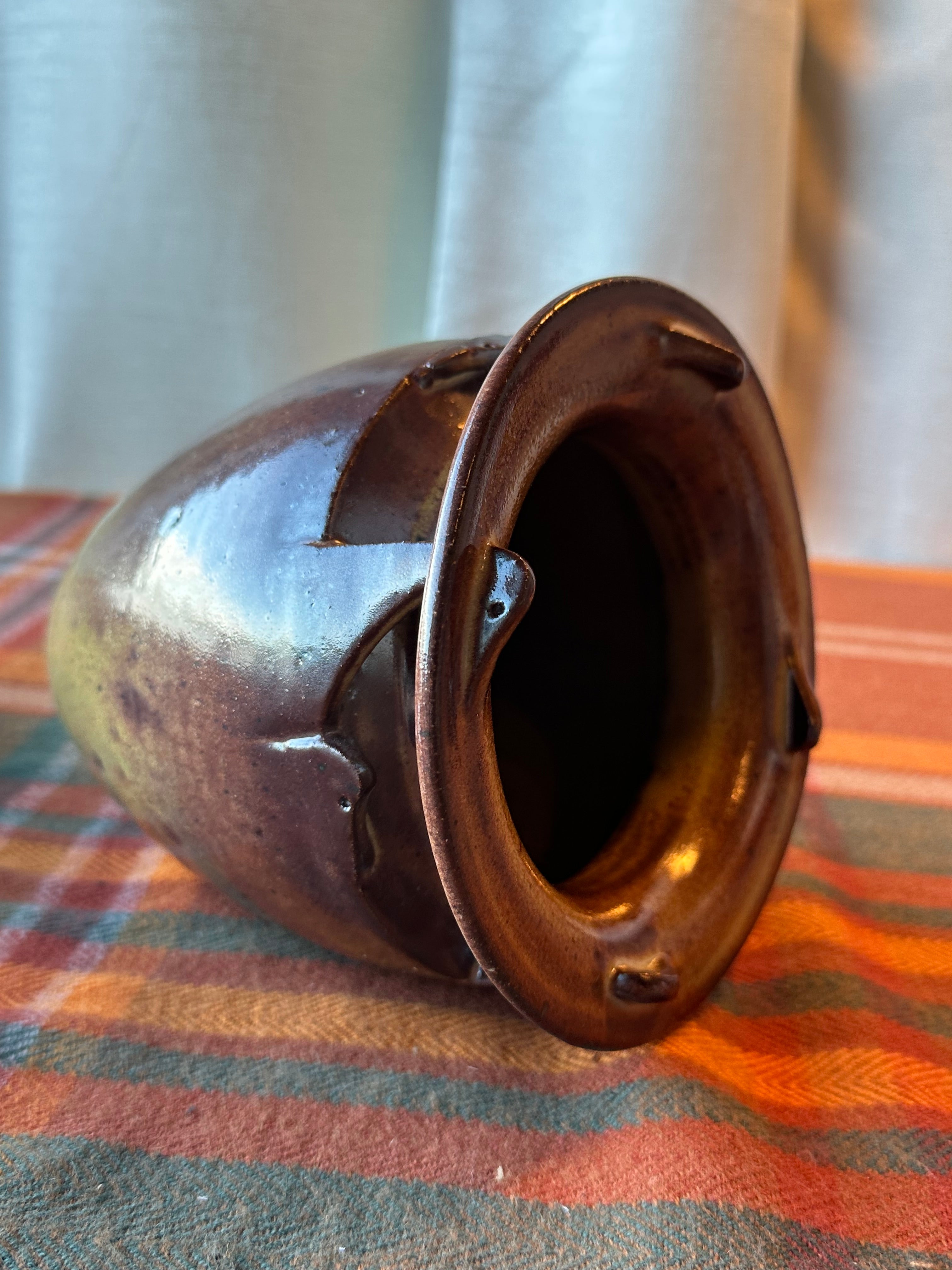 Handmade Studio Pottery Stoneware Vessel Vase | Brown Earth Tone Glaze | Artisan Decorative Pot
