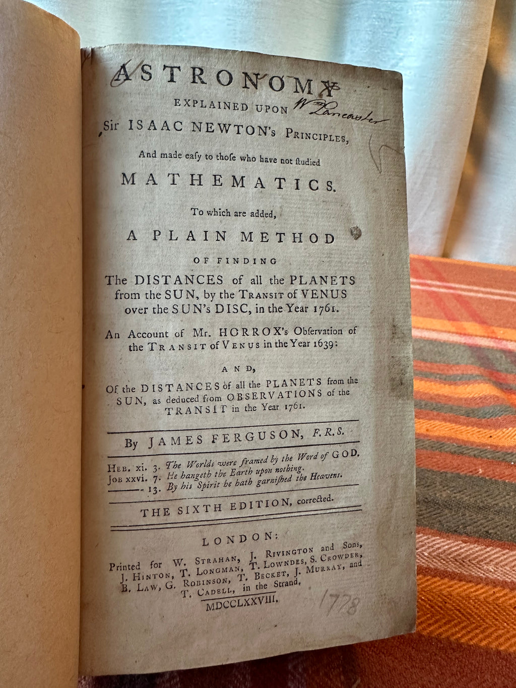 James Ferguson Astronomy Explained Upon Sir Isaac Newton's Principles | 1778 Sixth Edition | Full Leather | Antique Book