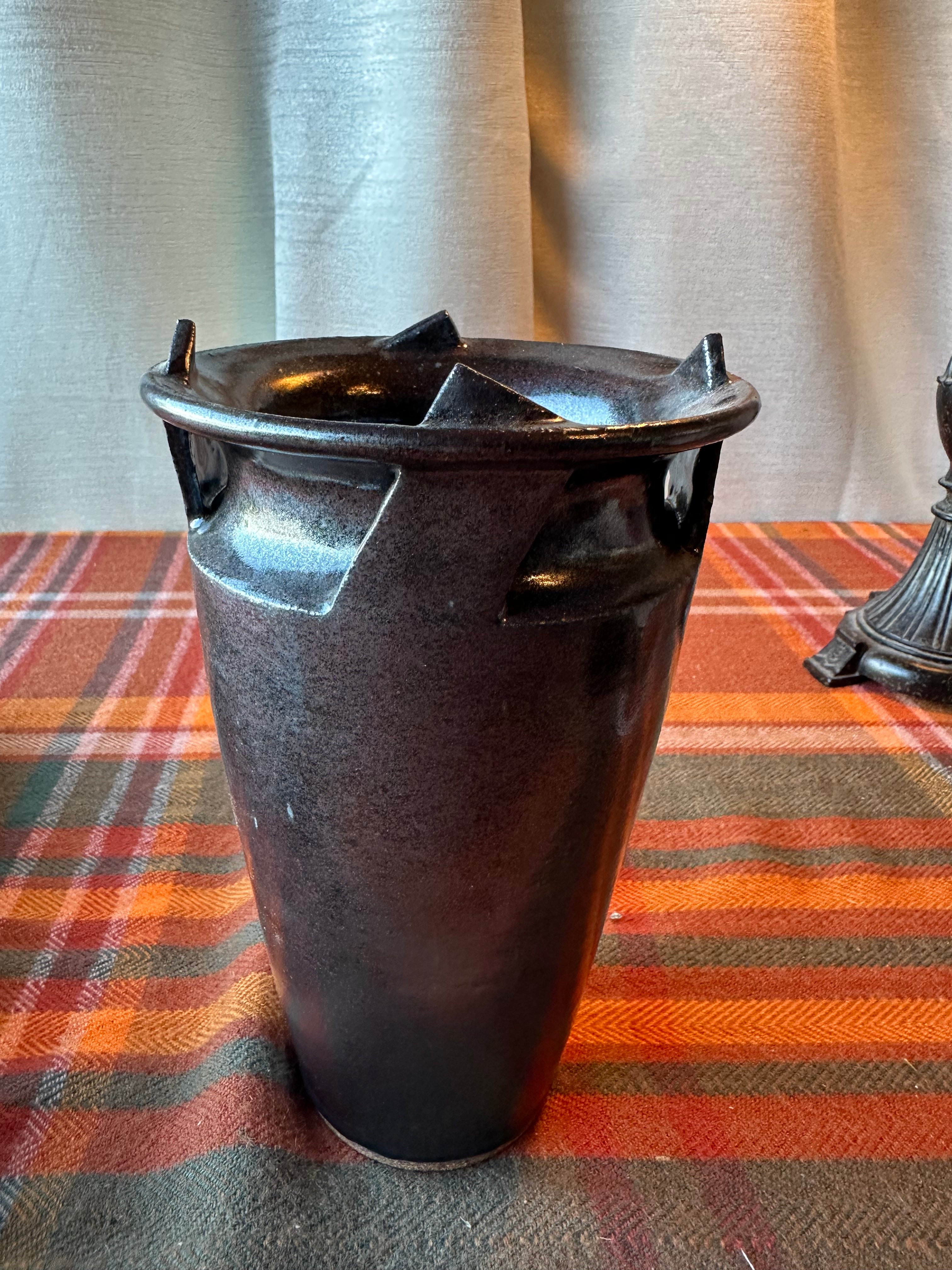 Handmade Studio Pottery Stoneware Vessel Vase | Brown Earth Tone Glaze | Artisan Decorative Pot