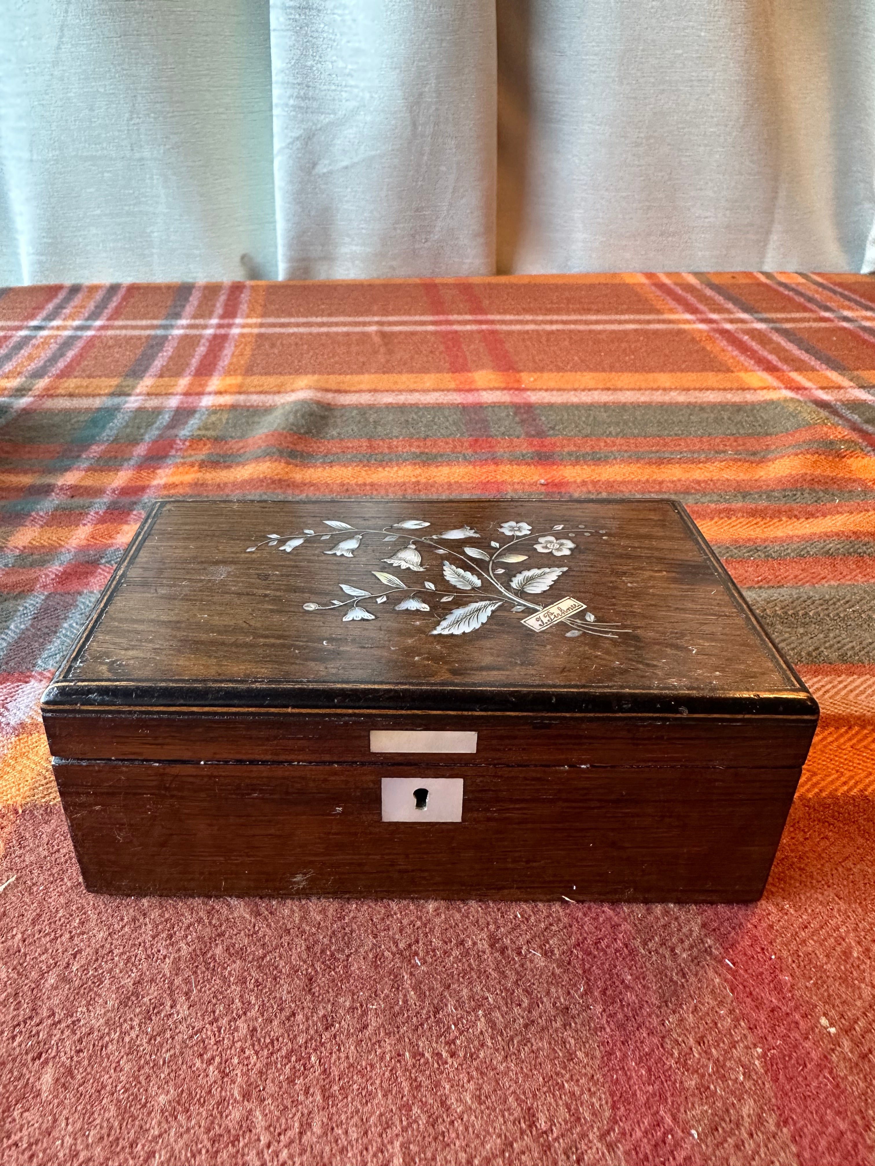 Antique Victorian Tunbridge Ware Inlaid Jewelry Box | Mother of Pearl Floral Marquetry | Locking Keepsake Box