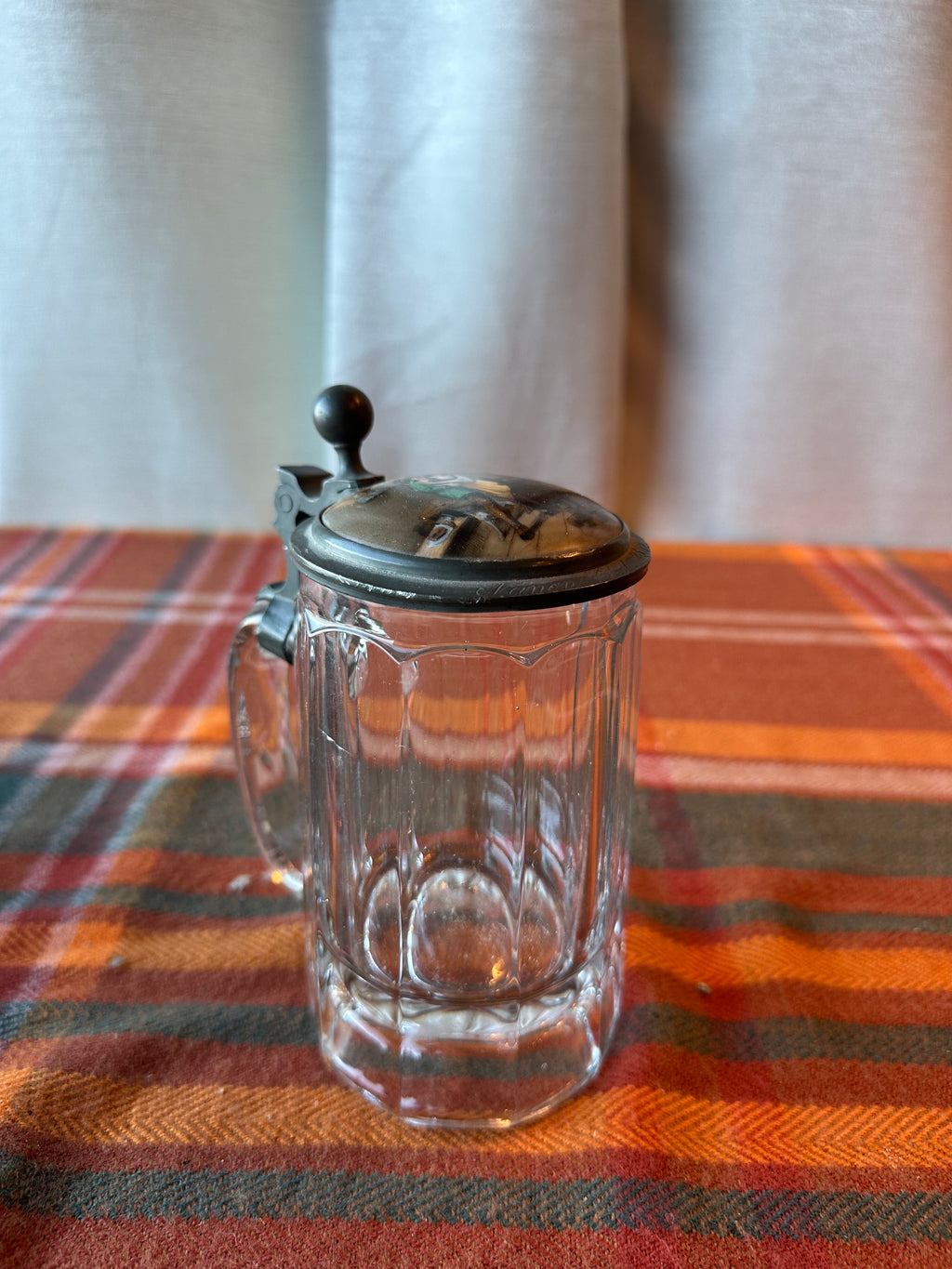 Vintage German Pewter Lidded Beer Stein | Glass Tankard | Hand Painted Tavern Scene | Zinn Lid