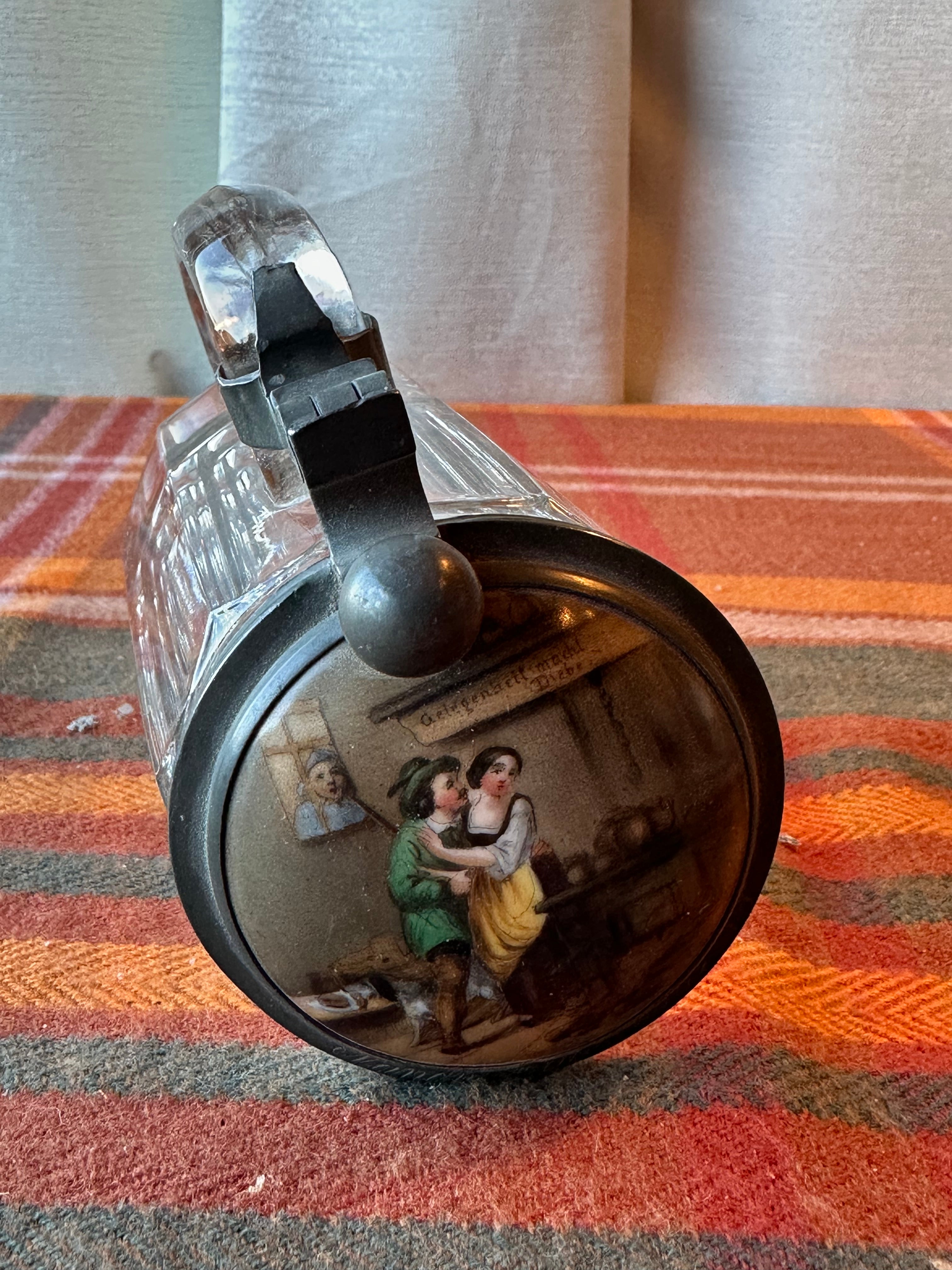 Vintage German Pewter Lidded Beer Stein | Glass Tankard | Hand Painted Tavern Scene | Zinn Lid
