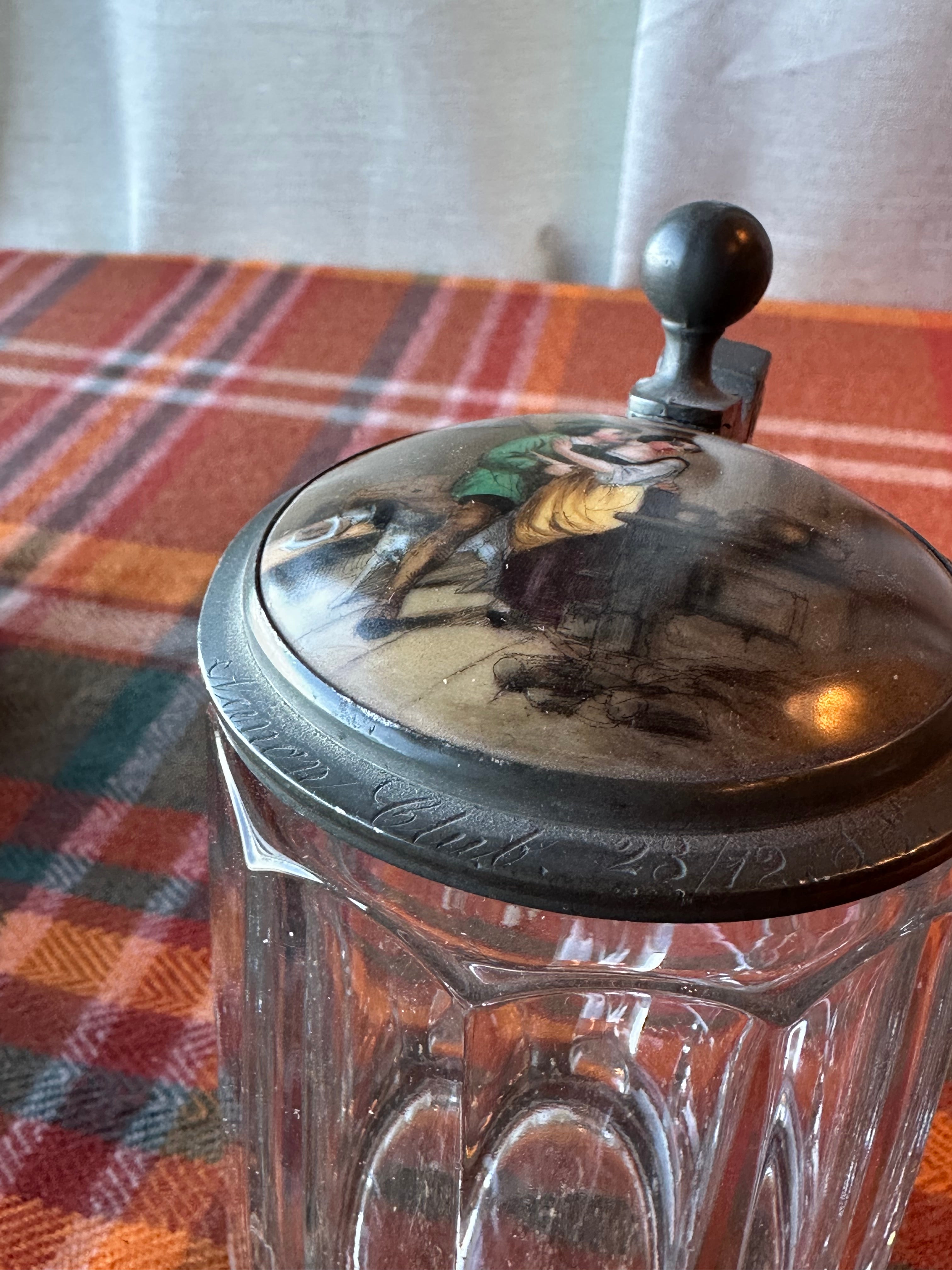 Vintage German Pewter Lidded Beer Stein | Glass Tankard | Hand Painted Tavern Scene | Zinn Lid