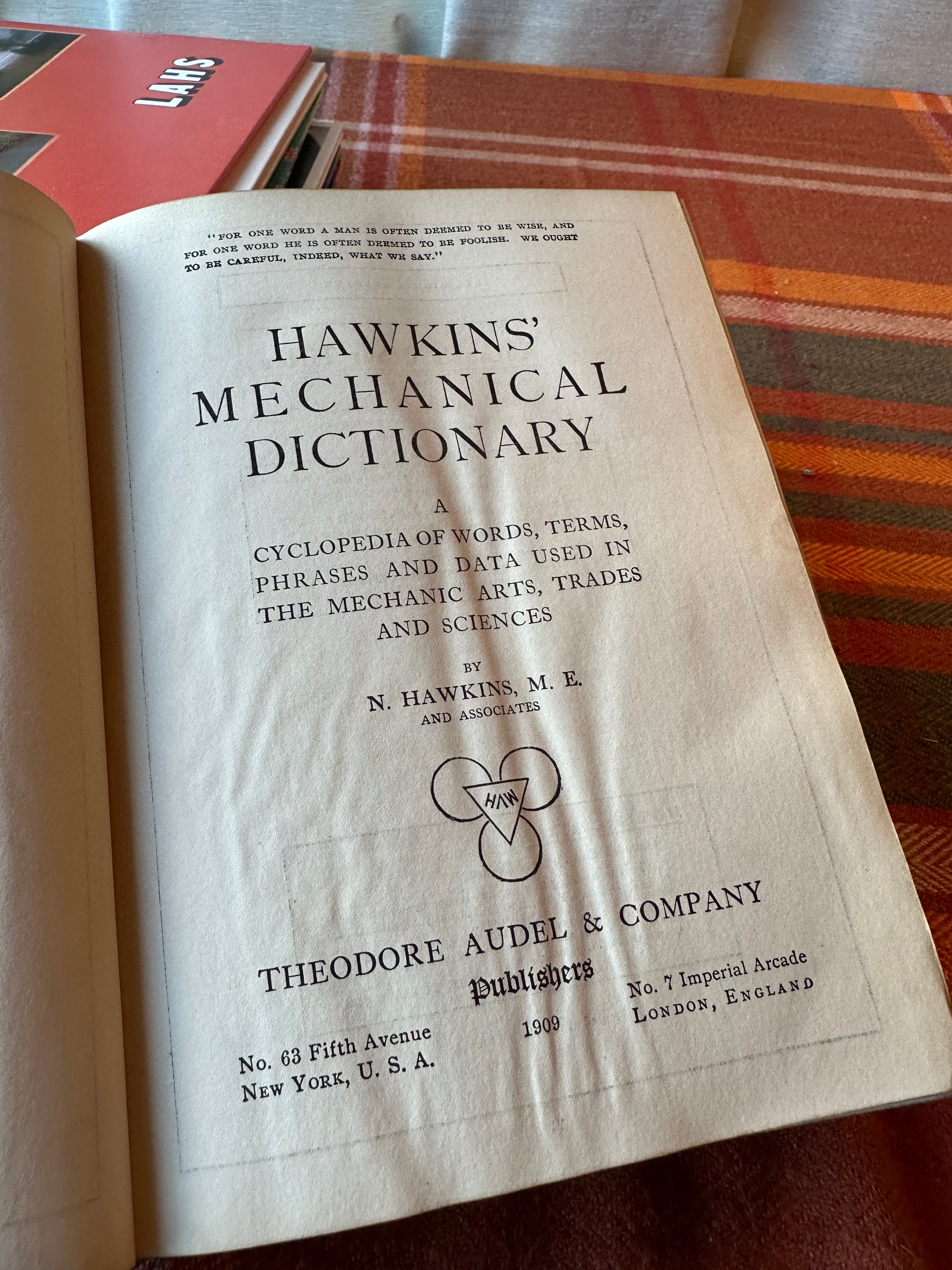 1909 Hawkins' Mechanical Dictionary by N. Hawkins | Antique Engineering Reference Book | Audel