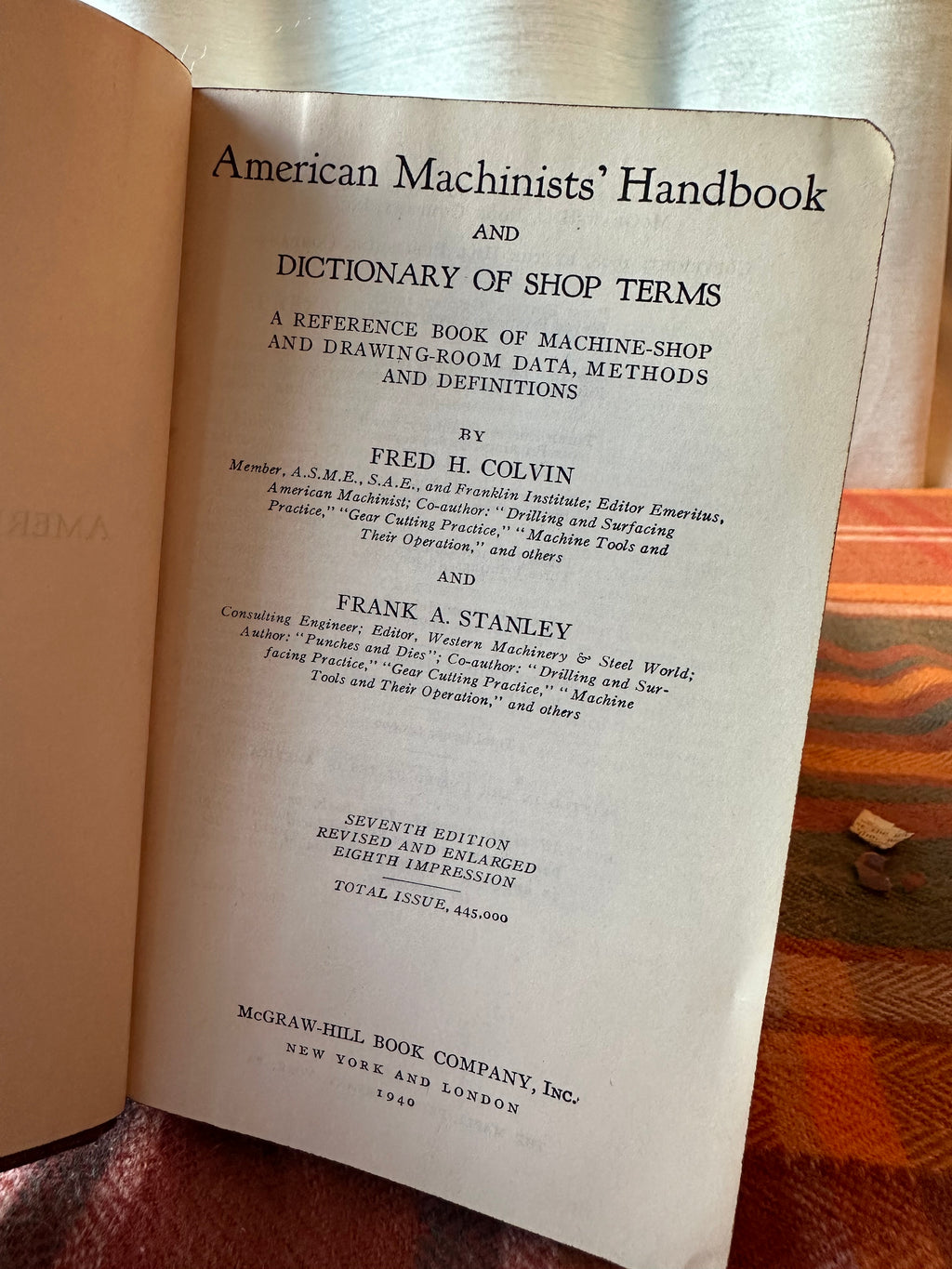 1940 American Machinists' Handbook 7th Edition by Colvin & Stanley | McGraw-Hill Machine Shop Reference
